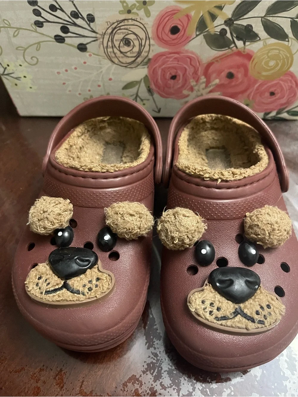 CROCS Kids Plush-Lined Maroon Clog Slippers with Pom Accents size 10